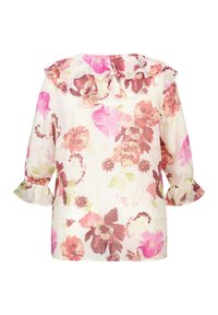 Bloes met bloemenpatroon en een gerimpelde halslijn, voorzien van driekwartmouwen. Gemaakt van een lichte stof met een roze en groene bloemenprint op een crèmekleurige achtergrond.