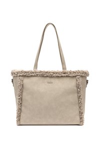 Bež torba za nošenje s mekanim, pahuljastim obrubom, s dvostrukim ručkama i glatkom teksturom. Logotip marke vidljiv je na prednjoj strani.