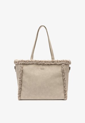 Beige Einkaufstasche mit weichem, flauschigem Rand, doppelten Griffen und glatter Textur. Markenlogo vorne sichtbar.