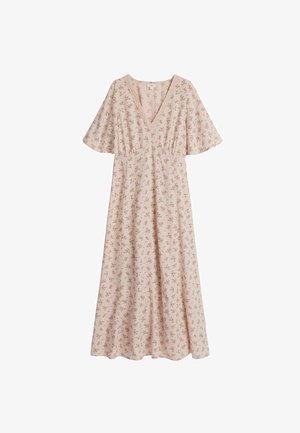 Midi-jurk met bloemenprint in zachtroze stof, met een V-hals, geplooide bovenkant en vlinder mouwen, met een luchtige, losse pasvorm.