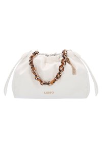 Sac à main en cuir blanc de forme arrondie, fermeture à cordon et anse chaîne effet écaille de tortue. Présente un logo doré sur le devant.