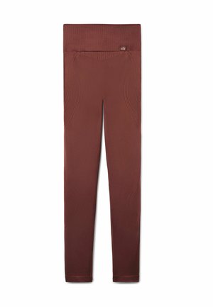 Braune, hoch taillierte, enganliegende Leggings mit geripptem Bund und dezenten strukturierten Mustern entlang der Beine, flach auf weißem Hintergrund liegend.