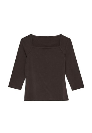 Czarna koszulka z długim rękawem, kwadratowym dekoltem i subtelnym zdobieniem wzdłuż dekoltu oraz ramion.