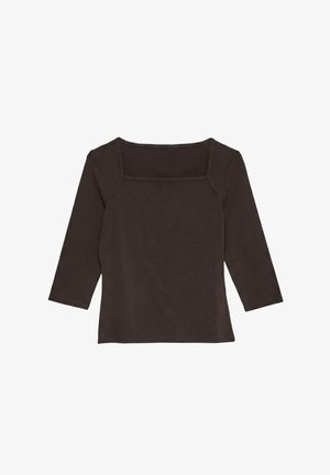 Haut noir à manches longues avec encolure carrée et détail discret de bordure le long de l'encolure et des épaules.