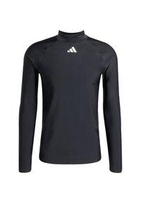 Zwarte langekleding shirt van gladde, rekbare stof met een hoge kraag. Bevat witte adidas-logo op de borst en platte naden.