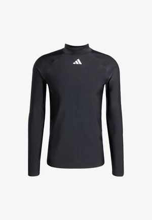Schwarzes Langarmshirt aus glattem, dehnbarem Stoff mit hohem Kragen. Mit weißem Adidas-Logo auf der Brust und flachen Nähten.
