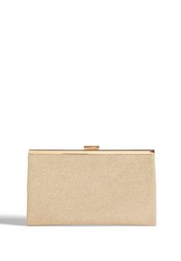 Gold glitter clutch with a rectangular shape, smooth texture, and a gold metal clasp at the top, featuring a solid, shimmering surface.