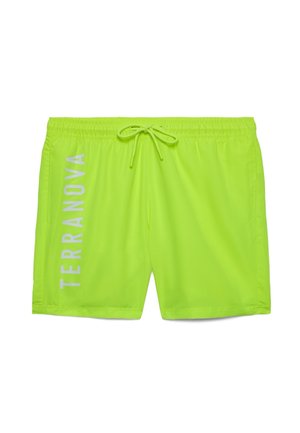 Costume da bagno verde neon con vita elastica, coulisse, tasche laterali e "TERRANOVA" stampato verticalmente sulla gamba sinistra.