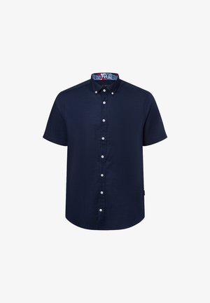 Marineblaues kurzärmeliges Hemd mit Knopfleiste aus strukturiertem Stoff, weißen Knöpfen und einem mit floralen Mustern versehenen Kragenfutter.