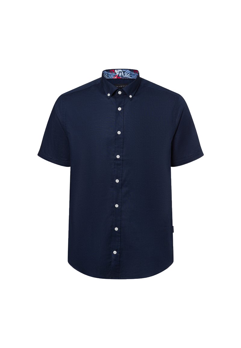 Marineblaues kurzärmeliges Hemd mit Knopfleiste aus strukturiertem Stoff, weißen Knöpfen und einem mit floralen Mustern versehenen Kragenfutter.