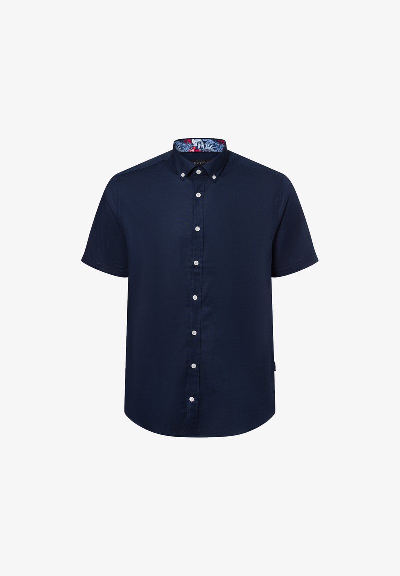 Marineblaues kurzärmeliges Hemd mit Knopfleiste aus strukturiertem Stoff, weißen Knöpfen und einem mit floralen Mustern versehenen Kragenfutter.
