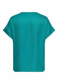 Blouse bleu sarcelle à manches courtes avec une coupe carrée et un col rond, vue de dos sur fond blanc.