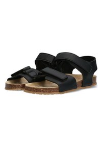 Zwarte sandalen met twee brede verstelbare bandjes, een kurken voetbed en een geprofileerde rubberen zool voor grip en comfort.