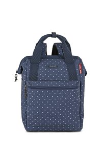 Mochila azul marino con lunares blancos, que cuenta con dos asas superiores, correas ajustables, un bolsillo frontal con cierre y una etiqueta de la marca.