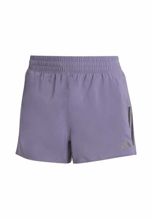 Shorts de sport violets avec une taille élastique, deux poches latérales et des accents noirs contrastants d'un côté. Tissu lisse et léger.