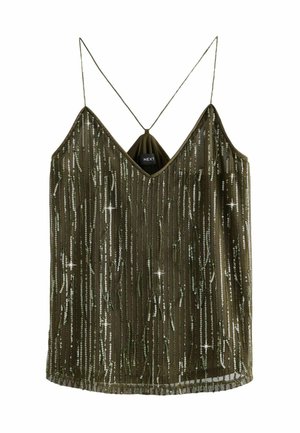Top senza maniche verde oliva con scollo a V, strisce verticali di paillettes e spalline sottili. Il tessuto è leggero con una texture setosa.