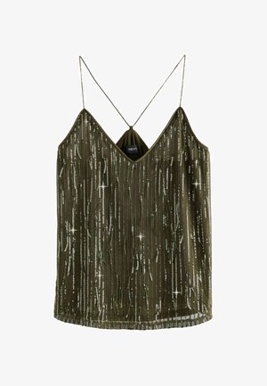 Olivroheline ilma varrukateta pluus V-kujulise kaelusega, sädelevate vertikaalsete triipudega ja õhukeste rihmadega. Kanga kangas on kerge ja siidine.