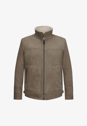 Braune Wildlederjacke mit hohem Kragen, Reißverschluss, zwei Seitentaschen und gefüttertem, weichem Textil. Verfügt über dezente Steppnähte.