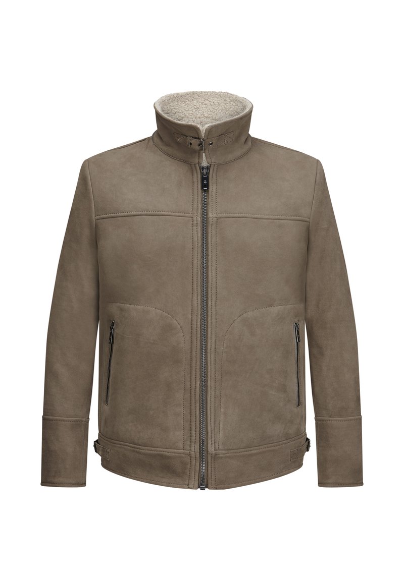 Braune Wildlederjacke mit hohem Kragen, Reißverschluss, zwei Seitentaschen und gefüttertem, weichem Textil. Verfügt über dezente Steppnähte.