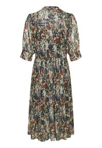Robe à imprimé floral avec des manches bouffantes courtes, une taille cintrée et un ourlet à volants. Le matériau présente une finition brillante ; les couleurs comprennent le vert, le rouge et le bleu.