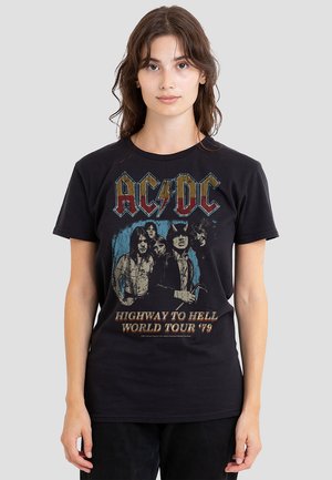 Black cotton t-shirt featuring the AC/DC logo and "Highway to Hell World Tour '79" graphic, detailed with musician illustrations and contrasting colors.