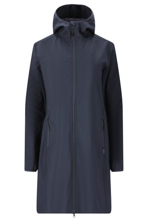 Marineblaue wasserdichte Jacke mit durchgehendem Reißverschluss, hohem Kragen und zwei Reißverschlusstaschen. Glatte Textur, lange Ärmel und eine Kapuze für zusätzlichen Schutz.