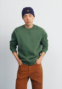 Felpa verde con scollatura rotonda e polsini a coste, abbinata a pantaloni marroni. Una cuffia blu navy con un logo è indossata in testa.