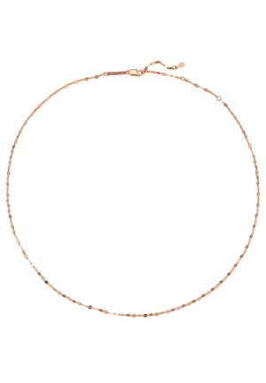 Collar de cadena de oro rosa con eslabones ovalados alargados, un diseño delicado y un cierre seguro con una pequeña extensión ajustable.