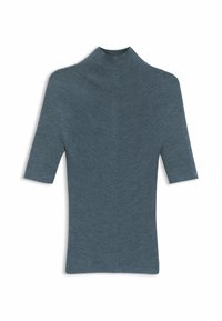 Żakardowy golf w stonowanym niebieskim kolorze, z krótkimi rękawami i dopasowanym krojem, o gładkiej fakturze i minimalnej liczbie szwów.