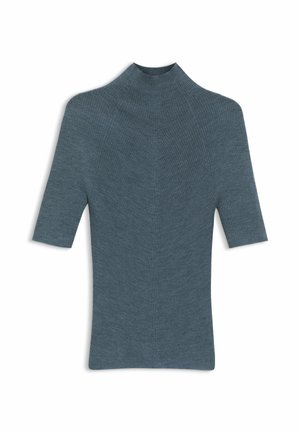 Ribbed knit turtleneck top in muted blue, with short sleeves and a fitted silhouette, featuring a smooth texture and minimal seams.