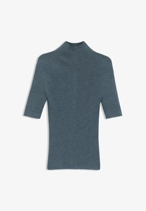 Gestreifter Strick-Turtleneck in gedecktem Blau, mit kurzen Ärmeln und figurbetonter Silhouette, die eine glatte Textur und minimalen Nähte aufweist.