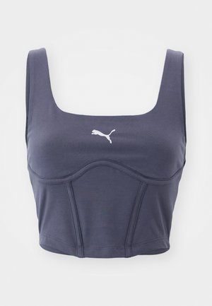 Top sportivo blu navy con scollatura quadrata, con logo Puma bianco e tessuto testurizzato con cuciture a pannello per un design aderente.