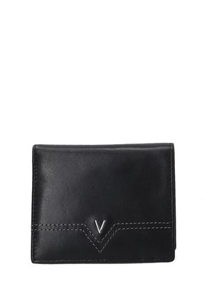 Black leather wallet featuring a smooth texture, contrasting stitching, and a prominent "V" logo detail on the front. Compact rectangular shape.