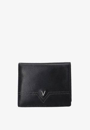 Sort læderpung med en glat overflade, kontrasterende syninger og et fremtrædende "V" logo-detalje på forsiden. Kompakt rektangulær form.