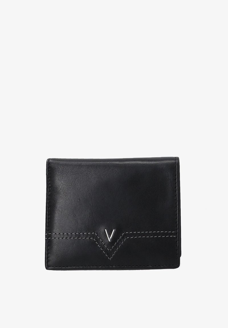 Black leather wallet featuring a smooth texture, contrasting stitching, and a prominent "V" logo detail on the front. Compact rectangular shape.
