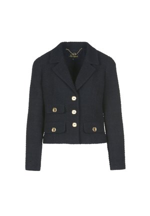 Navy blue tweed blazer with a fitted cut, notched collar, gold button closures, and two front pockets. Textured fabric with a structured design.