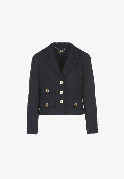 Blazer din tweed de culoare albastru marin, cu o croială ajustată, guler în formă de V, închideri cu nasturi aurii și două buzunare frontale. Material texturat cu un design structurat.