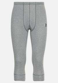 Graue sportliche Leggings aus dehnbarem Material, mit einer enganliegenden Passform, flachen Nähten und einem kleinen schwarzen Logo an der Seite.
