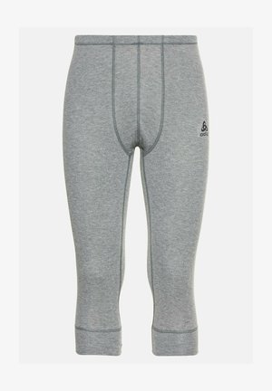 Gray athletic leggings made of stretchy fabric, featuring a fitted design, flat seams, and a small black logo on the side.