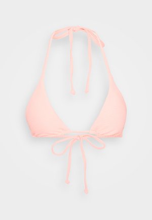 Pink ribbed bikini top with adjustable ties at the neck and back; triangle cups and textured fabric.