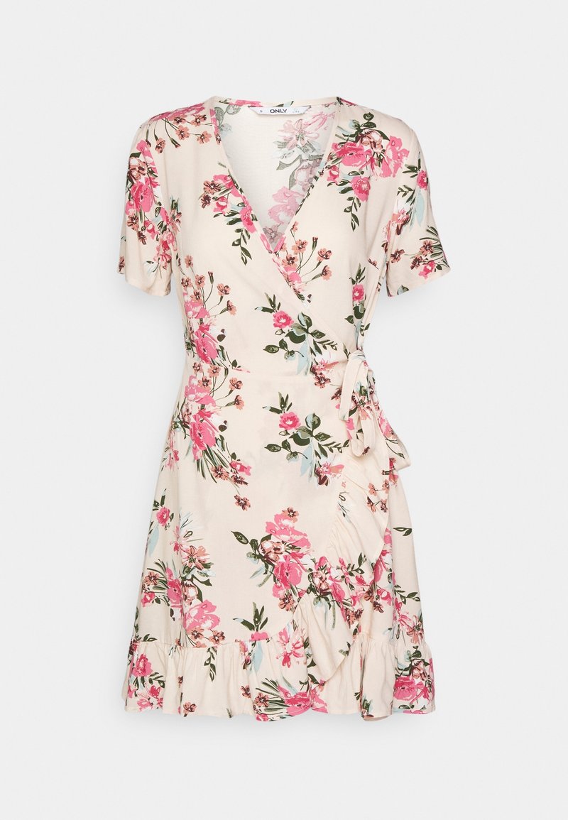 Robe portefeuille crème à motif floral rose, manches courtes, col en V, lien sur le côté et ourlet volanté.