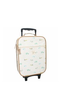 Valise rigide avec tissu crème, présentant des motifs colorés d'animaux et d'avions, des accents dorés, une poignée rétractable noire et des roulettes.