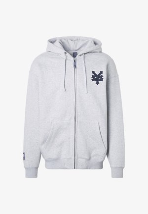 Light gray zip-up hoodie with drawstring hood, kangaroo pockets, ribbed cuffs, and a dark abstract logo on the left chest.