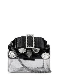 Schwarze Handtasche aus Lackleder mit transparentem Boden, verziert mit Strasssteinen und einer mit Schmucksteinen besetzten Schnalle oben. Verfügt über einen Kettenriemen.