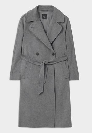 Manteau de laine gris, croisé avec deux boutons noirs, large col, taille ceinturée, poches latérales, texture lisse et design jusqu'aux genoux.