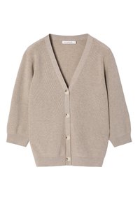 Beige žebrovaný kardigan s véčkovým výstřihem, dlouhými rukávy a pěti knoflíky. Nabízí měkoučkou texturu a uvolněný střih, což ho činí vhodným pro vrstvení.
