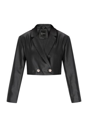 Schwarze, taillierte Blazerjacke aus glänzendem Kunstleder mit einer doppelt gefütterten Gestaltung, scharfen Revers und metallischen Knopfakzenten.