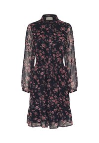 Floral dress in dark navy sheer fabric; features long puff sleeves, collar, button front, drawstring waist, and frilled hem.