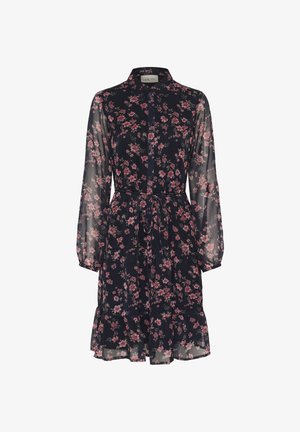 Bloemendress in donker marineblauwe sheer stof; voorzien van lange pofmouwen, kraag, knoopsluiting aan de voorkant, trekkoord in de taille en een gerimpelde zoom.