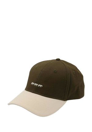 Casquette en coton marron avec une visière crème, présentant des vaches blanches brodées à l'avant. Forme arrondie, bandeau ajustable à l'arrière.